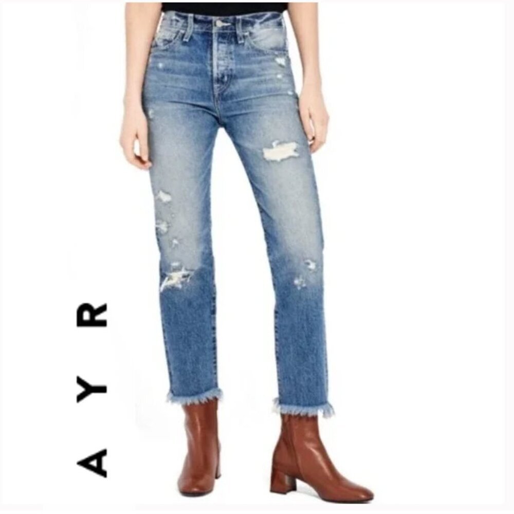 AYR FORM High Waist Boyfriend Distressed Ankle Jeans Blue Raw Hem Size 27